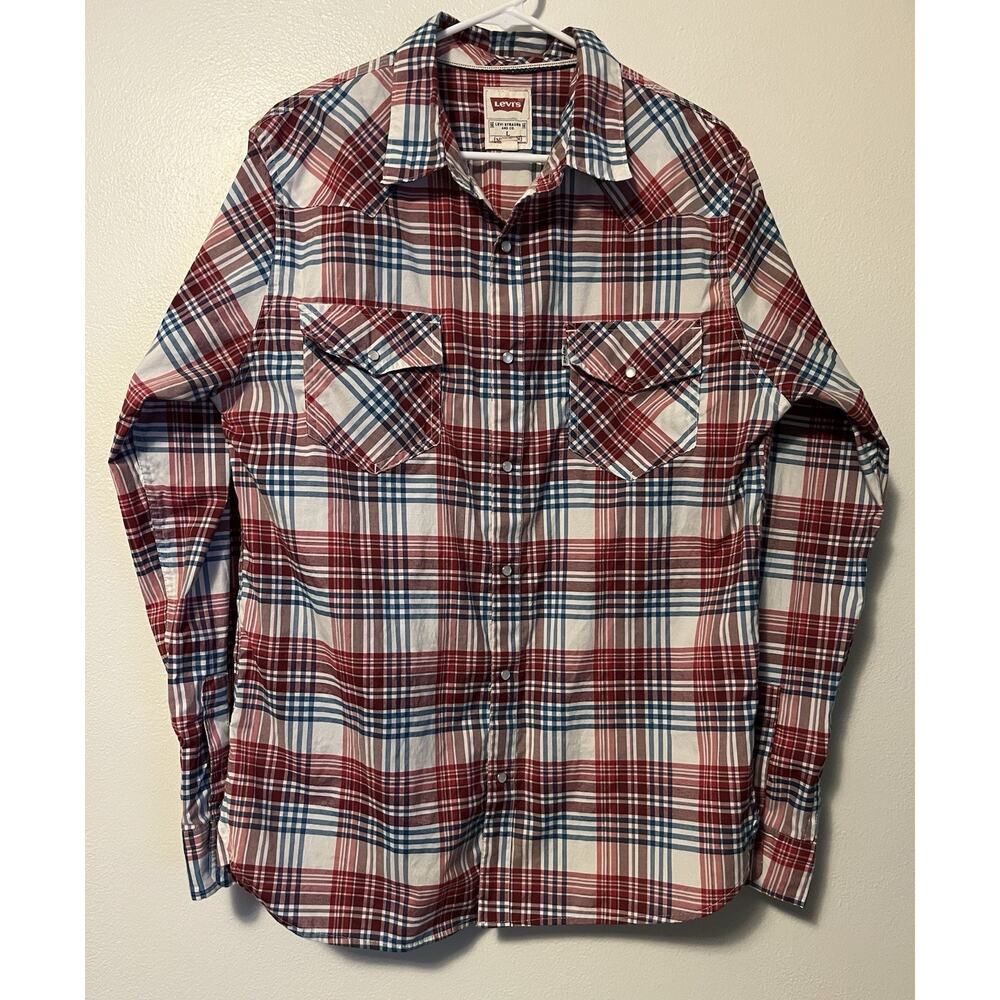 Levis Mens Pearl Snap Western Shirt Large Modern Red White Blue Plaid Rodeo